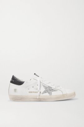 Superstar Distressed Glittered Leather Sneakers In White