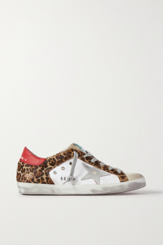 Superstar Distressed Leopard-print Calf Hair, Leather And Suede Sneakers In White