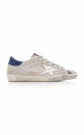Superstar Denim-trimmed Distressed Snake-effect Leather And Suede Sneakers In Grey