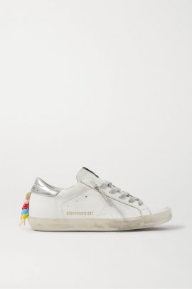 Superstar Bead-embellished Distressed Leather Sneakers In White