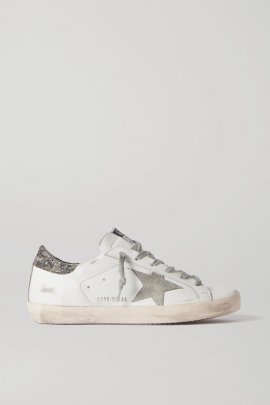 Superstar Glittered Distressed Leather And Suede Sneakers In White