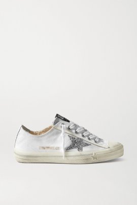 V-star Glittered Distressed Canvas Sneakers In White