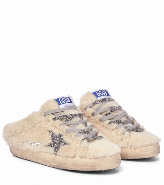 Superstar Sabot Distressed Glittered Shearling Slip-on Sneakers In Beige