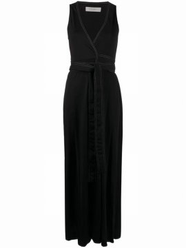 Contrast Stitching Tied Waist Dress In Black