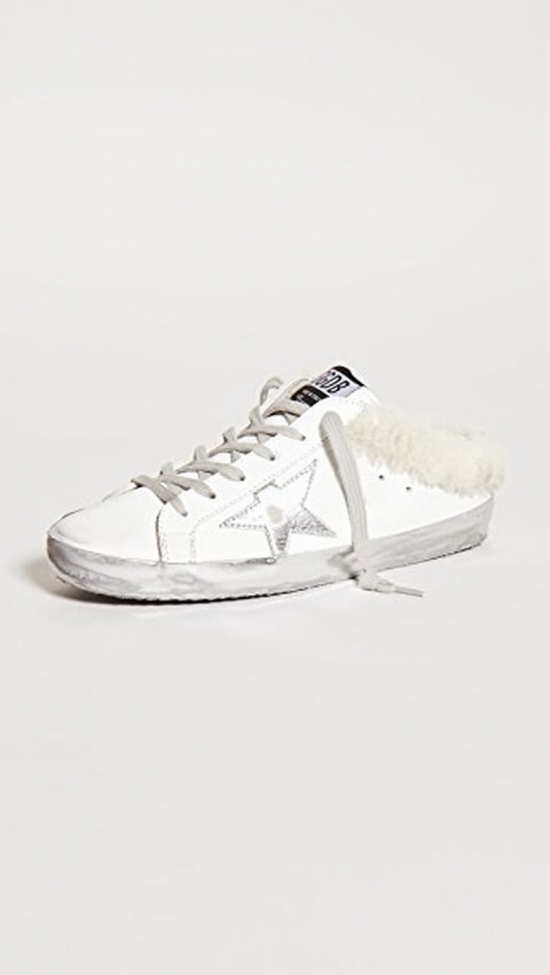 Sabot Shearling Sneakers In White/silver/beige