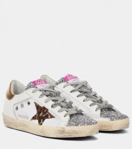 Superstar Leather-trimmed Sneakers In White/silver/beige Brown Black