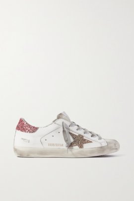 Superstar Distressed Glittered Leather Sneakers In White