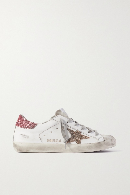 Superstar Distressed Glittered Leather Sneakers In White