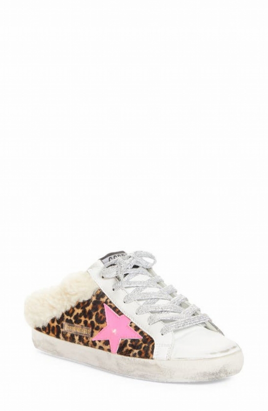 Genuine Calf Hair & Genuine Shearling Trim Mule In Beige Brown Leo/ White/ Fuxia