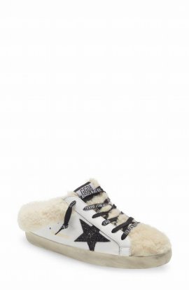 Genuine Shearling Trim Mule In White/ Beige/ Black