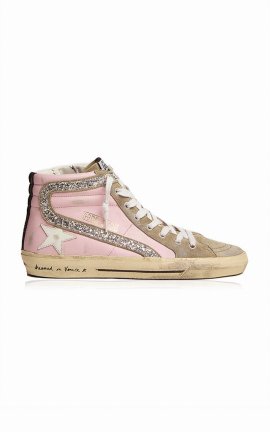 Women's Slide Glittered Leather And Suede Sneakers In Pink