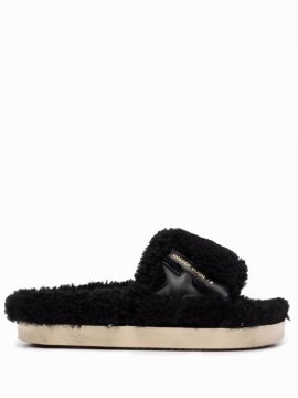 Poolstar Leather-trimmed Shearling Slides In Black