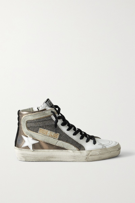 Slide Distressed Suede-trimmed Leather And Lurex High-top Sneakers In Metallic