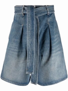 Bleach-effect Belted Tailored Shorts In Blue