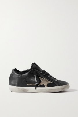 Superstar Shearling-lined Distressed Leather Sneakers In Black