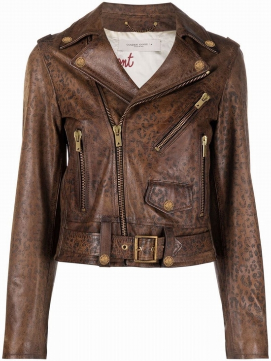 Golden W`s Biker Jacket Faded Leopard Print Distressed Leather In Brown