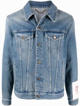 Washed Denim Jacket With Embroidered Label In Blue