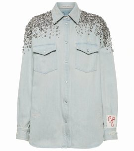 Golden Embellished Boyfriend Shirt In Blue