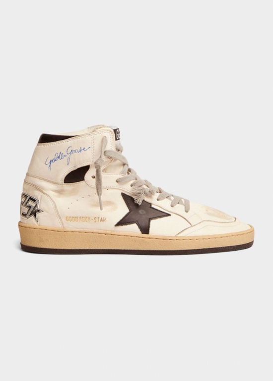 Men's Sky-star Distressed Leather High Top Sneakers In White Black