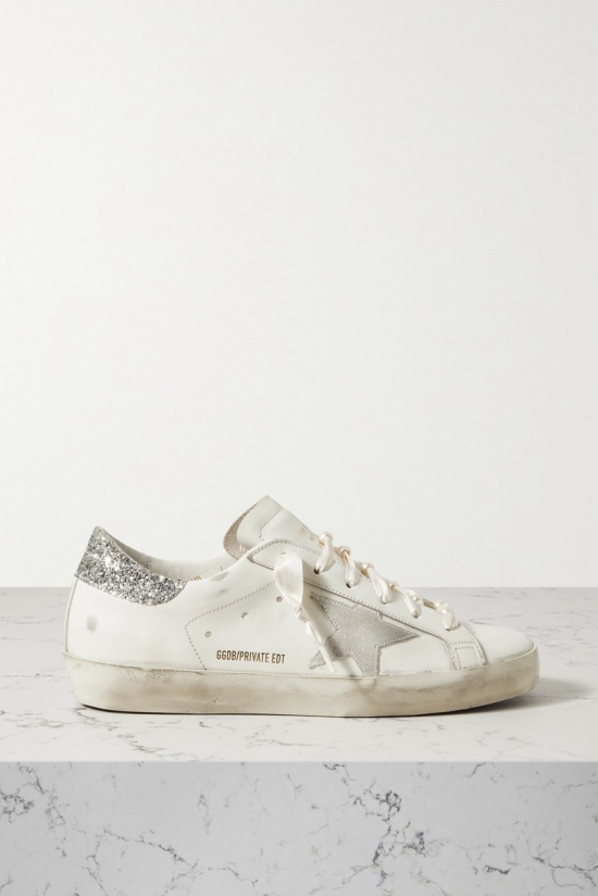 Super-star Embellished Distressed Glittered Leather Sneakers In White