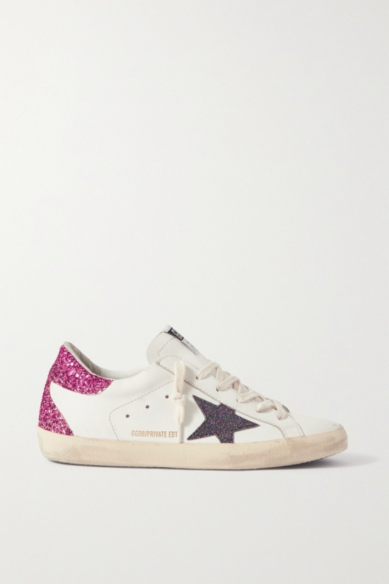 Superstar Distressed Glittered Leather Sneakers In White