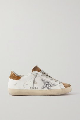 Superstar Glittered Distressed Leather And Suede Sneakers In White Tobacco Silver