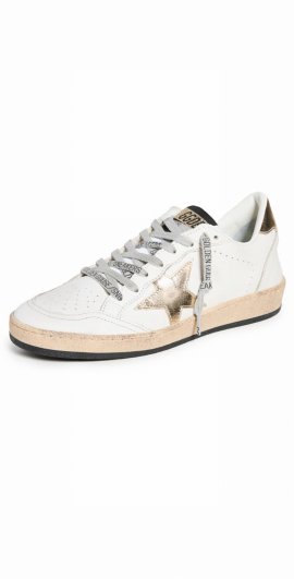 Ballstar Leather Upper Laminated Star Sneakers In Milk/gold