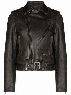 Distressed Leather Biker Jacket In Black