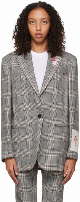 Golden Single Breasted Tom Boy Blazer Prince Of Wales Wool In Grey