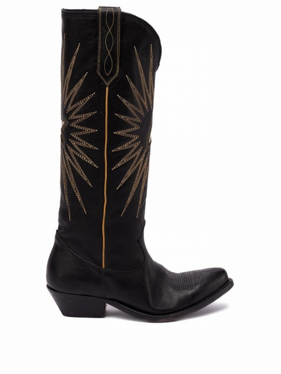 Wish Star Embroidered Textured-leather Knee Boots In Black