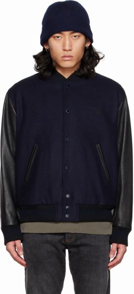 Men's Wool/leather Bomber Jacket In Black