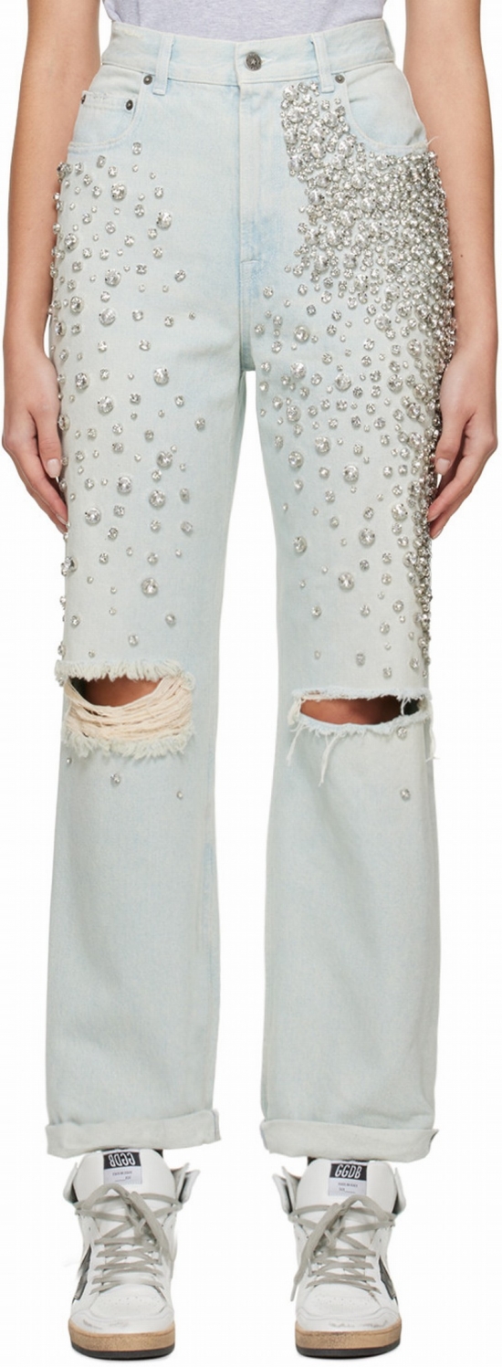 Kim Crystal Embellished Distressed Jeans In Light Denim