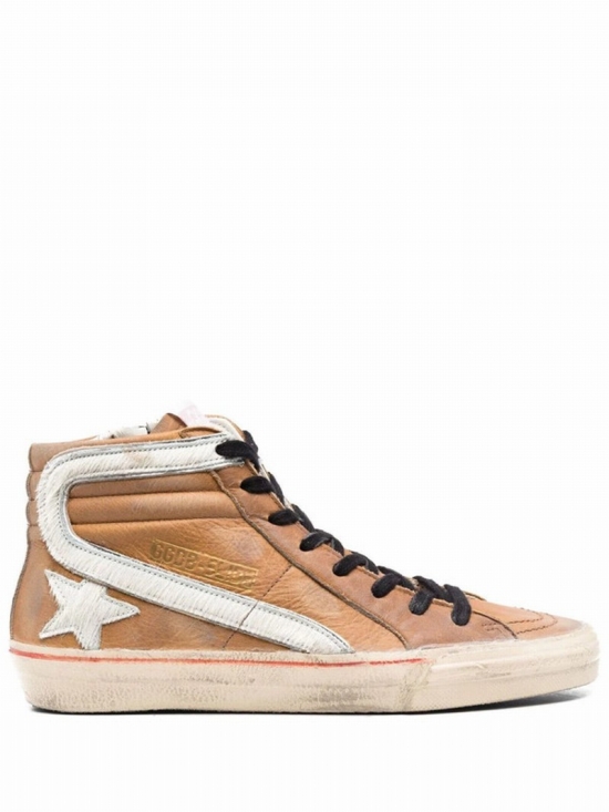 Slide Hi-top Leather Sneakers In Cognac - White - Ice