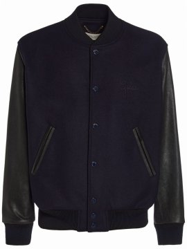 Wool Blend Bomber W/ Leather Sleeves In Dark Blue
