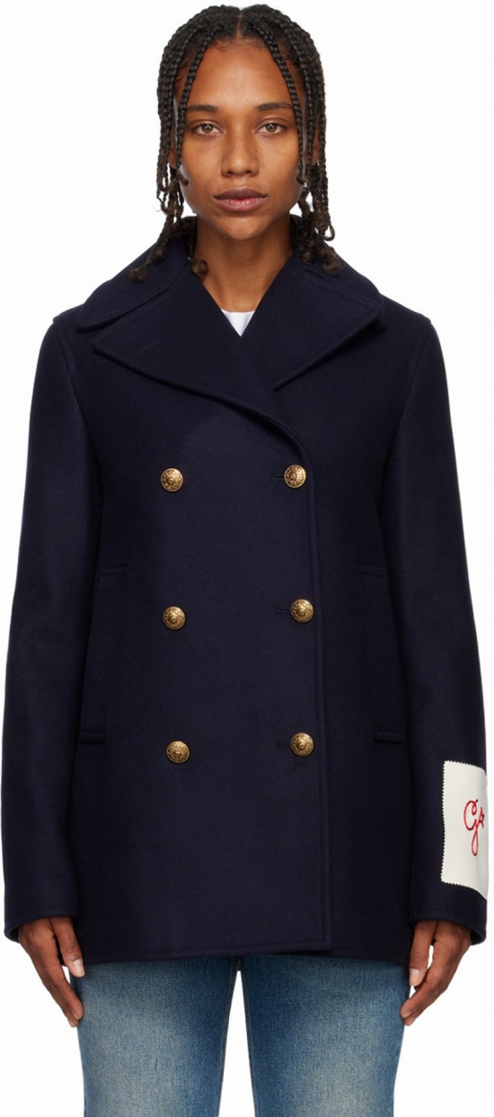 Logo-patch Double-breasted Coat In Blue