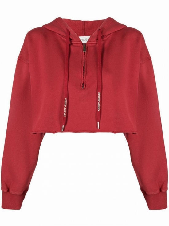 Cropped Drawstring Hoodie In Red