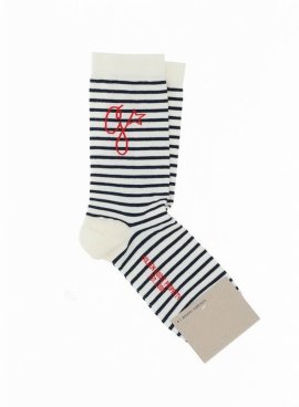 Deluxe Brand Logo Detailed Striped Socks In Ecru/mazarine Blue