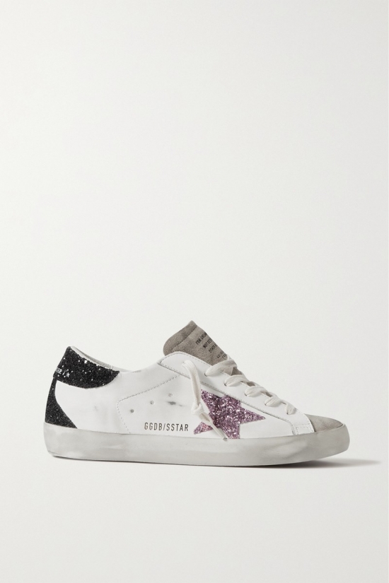 Superstar Distressed Glittered Leather Sneakers In White