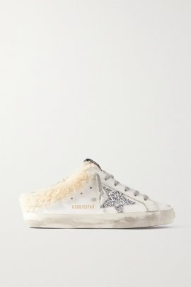 Superstar Sabot Shearling-lined Distressed Glittered Leather Slip-on Sneakers In White