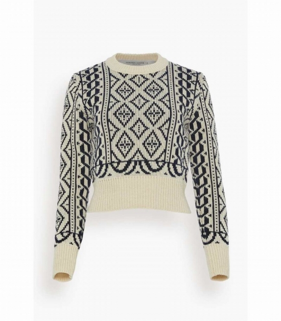 Knit Cropped Crew Neck Sweater In Parchment/papyrus/navy In Multi