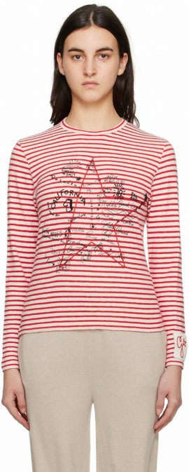 Red Striped Long Sleeve T-shirt In 81265 Ecru/tango Red