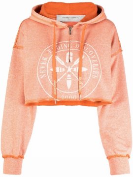 Cropped Graphic-print Hoodie In Orange