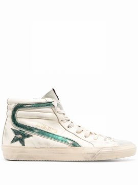 Slide Distressed High-top Sneakers In Ecru,green