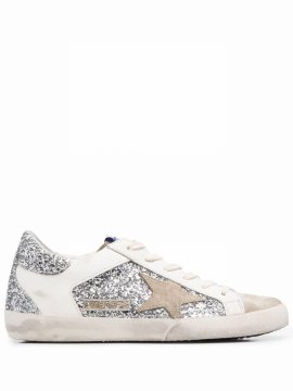 Women Super Star Glitter And Leather Upper Suede Star Low Top Sneakers In Silver/white/taupe