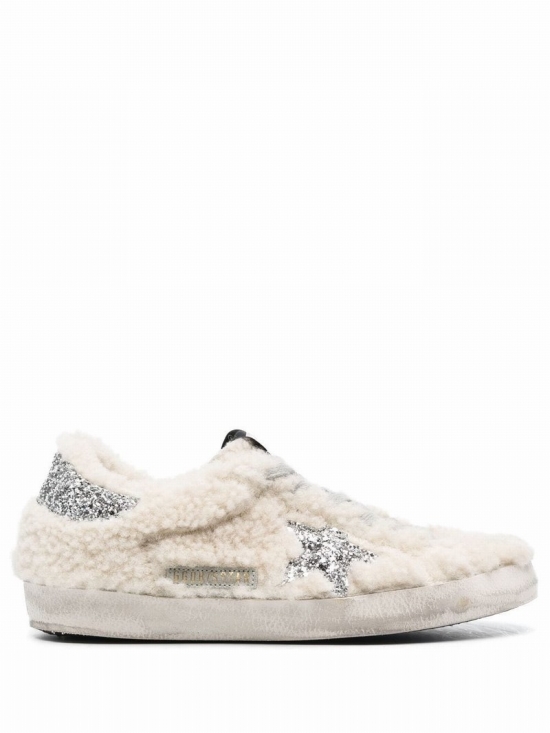 Women Super Star Shearling Upper Glitter Star Low Top Sneakers In Beige/silver