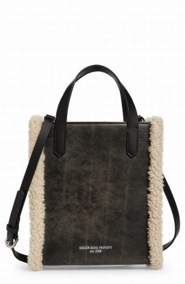 Mini California North/south Leather & Genuine Shearling Tote In Black/ Natural White