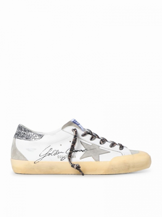 Super-star Leather Upper Suede Toe Star And Spur Glitter Heel Signature Foxing In White Taupe Silver