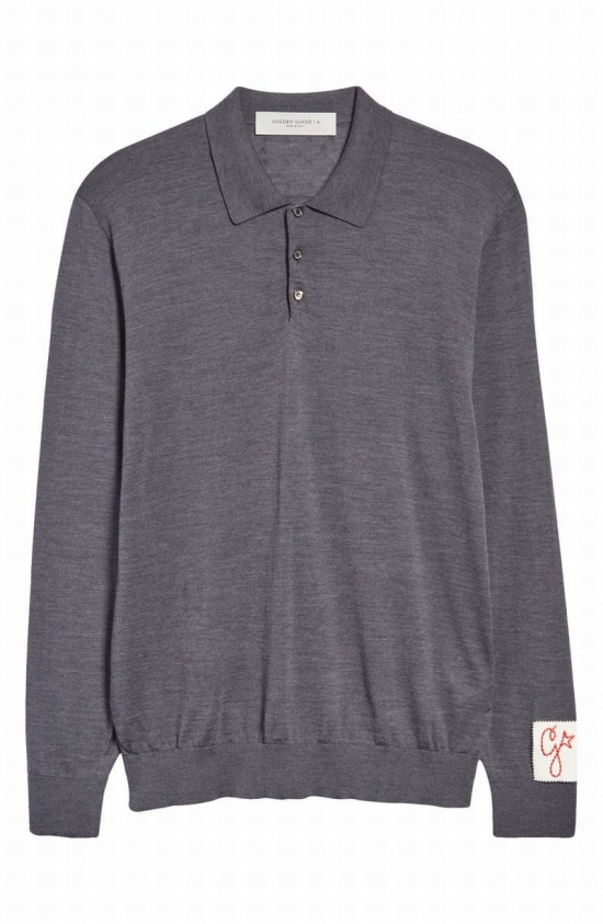 Logo Patch Long Sleeve Virgin Wool Sweater Polo In Grey