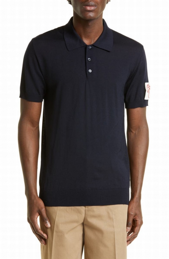 Logo Patch Short Sleeve Virgin Wool Sweater Polo In Navy