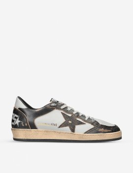 Mens Grey Mixed Ball Star Metallic Distressed Leather Low-top Trainers